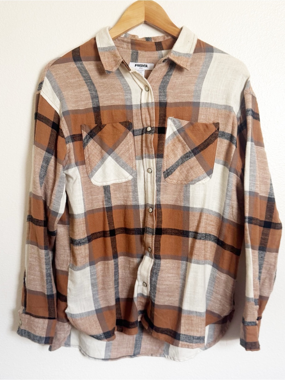 RSQ Women’s Brown Plaid Button-Up Cotton Flannel Western Fall